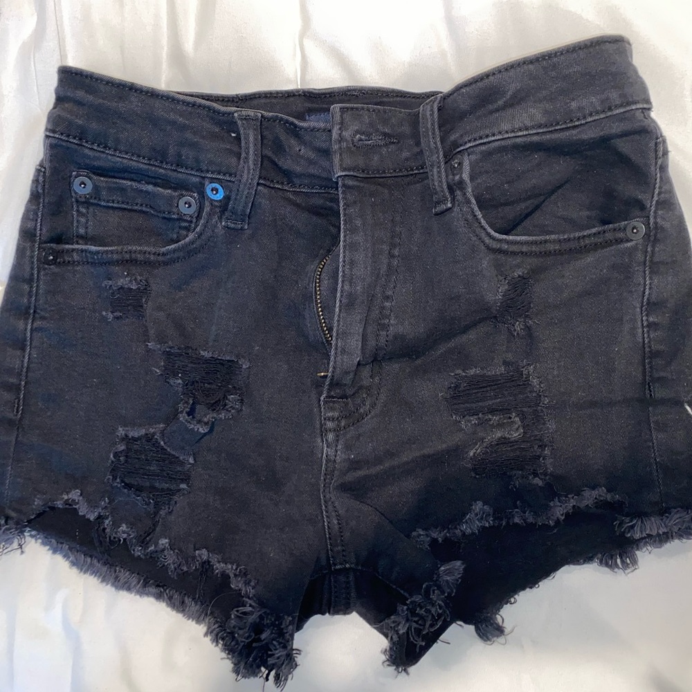 black distressed high rise jean shorts
